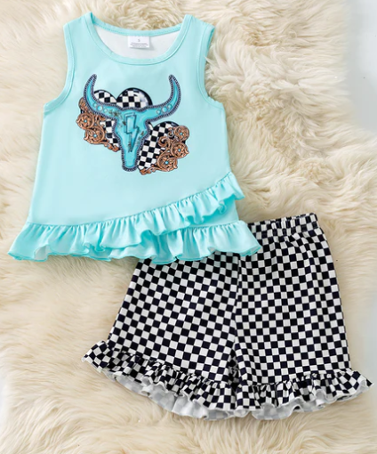 Bull skull on ruffle top and checkered shorts w/ruffle trim