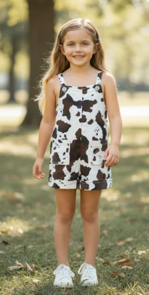 Cow printed denim overalls with front and back pockets