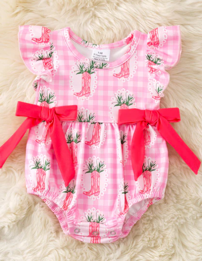 Pink Gingham w/ boot printed baby romper w/snaps