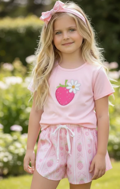 Strawberry applique T-shirt & girls flowy shorts