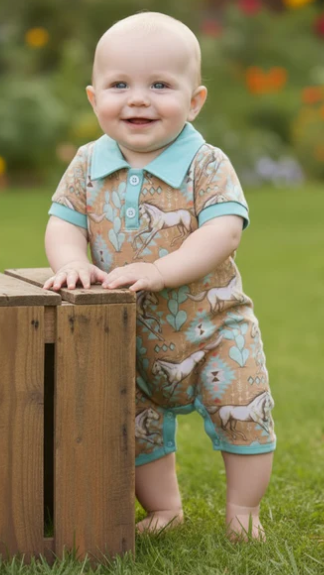 Aztec & horse printed baby romper with snaps & aqua trim