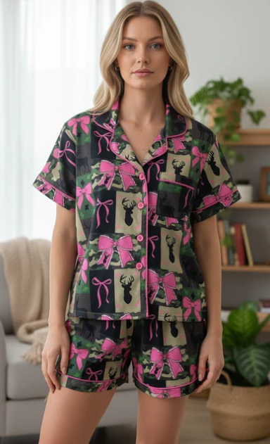 Camouflage & coquette bow printed women pajamas.