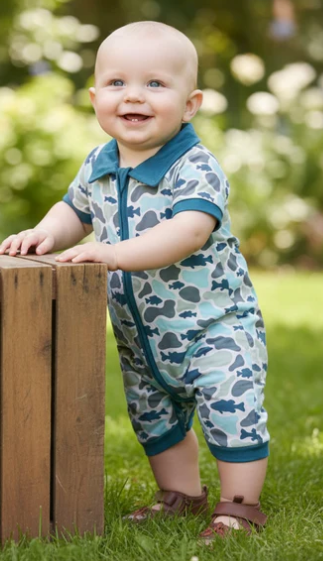 Camouflage printed boys baby romper with snaps