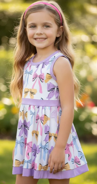 Lilac trim Multi-printed bow dress w/ attached underneath shorts