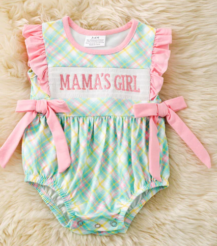 "Mama's girl" Mint green plaid romper