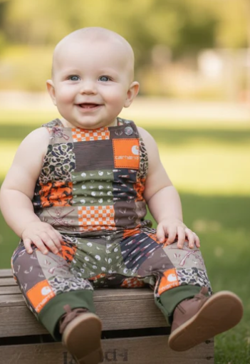 Orange, brown & green patching, hunting printed baby romper with snaps