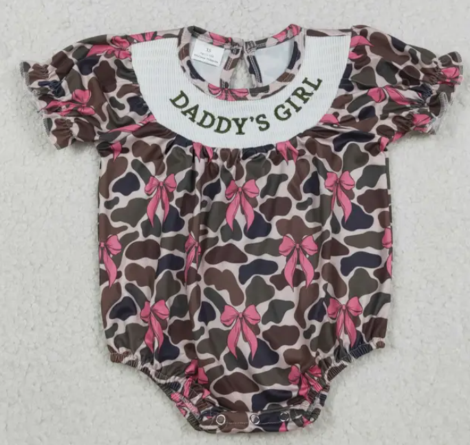 Smocked Daddy's Girl Short Ruffle Sleeves Southern Camo Bows Romper