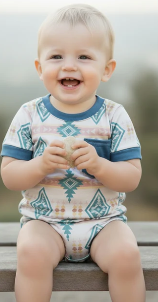 Boys Teal Aztec Printed Cream