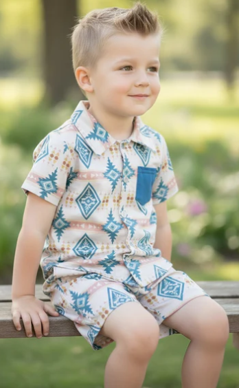 Boy Teal aztec on cream button up shirt & shorts